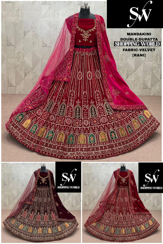 Rani pink Maroon Dark Maroon Double Dupatta Velvet Bridal Lehenga