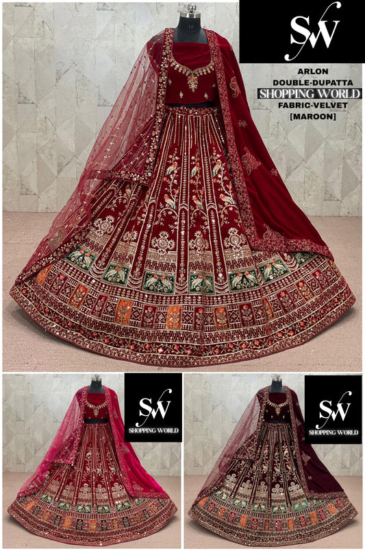 Rani pink Maroon Dark Maroon Double Dupatta Velvet Bridal Lehenga