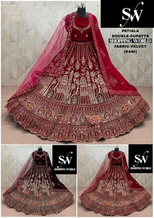 Rani pink Maroon Dark Maroon Double Dupatta Velvet Bridal Lehenga