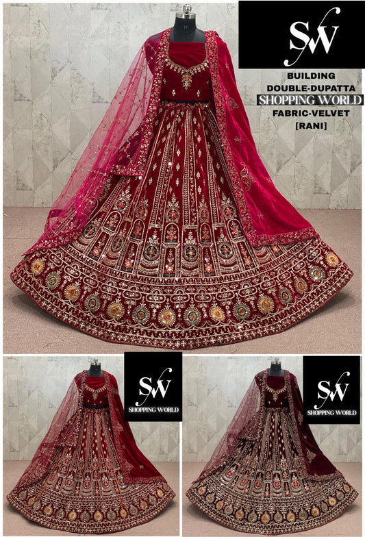 Rani pink Maroon Dark Maroon Double Dupatta Velvet Bridal Lehenga