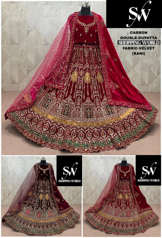 Rani pink Maroon Dark Maroon Double Dupatta Velvet Bridal Lehenga