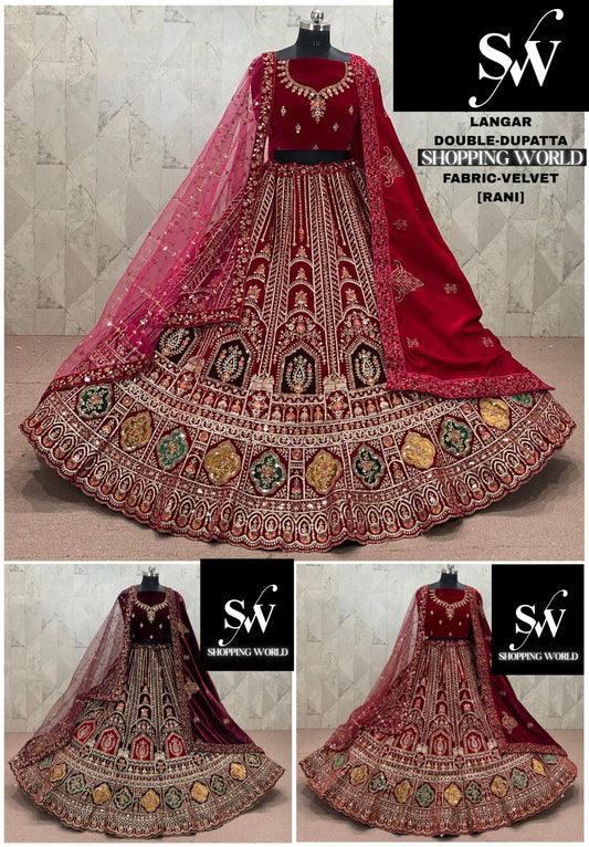 Rani pink Maroon Dark Maroon Double Dupatta Velvet Bridal Lehenga
