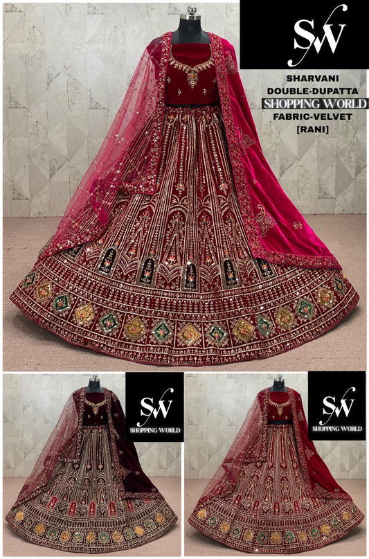 Rani pink Maroon Dark Maroon Double Dupatta Velvet Bridal Lehenga