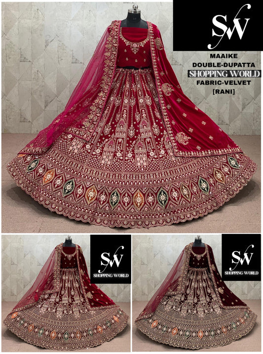 Rani pink Maroon Dark Maroon Double Dupatta Velvet Bridal Lehenga