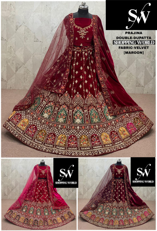 Rani pink Maroon Dark Maroon Double Dupatta Velvet Bridal Lehenga