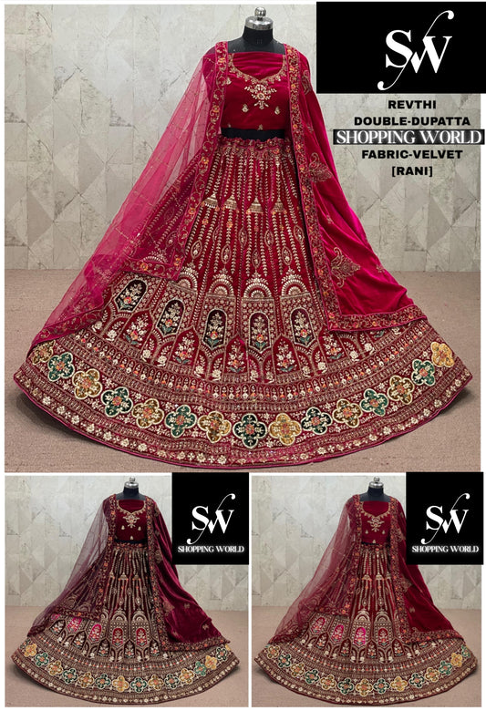 Rani pink Maroon Dark Maroon Double Dupatta Velvet Bridal Lehenga