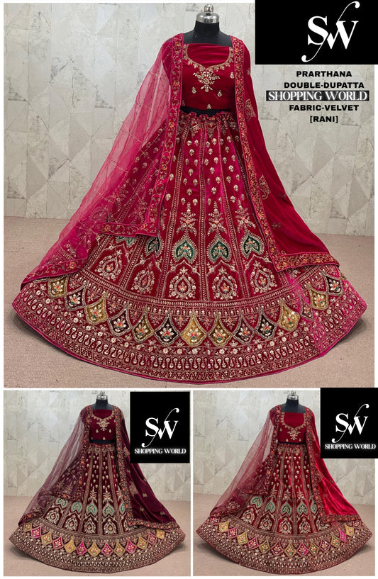 Rani pink Maroon Dark Maroon Double Dupatta Velvet Bridal Lehenga
