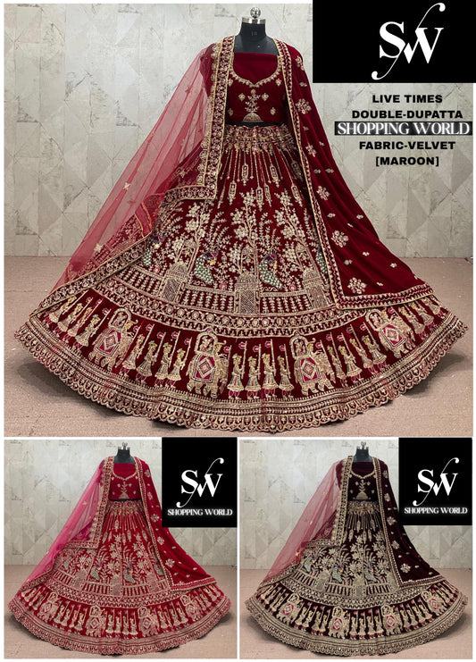 Rani pink Maroon Dark Maroon Double Dupatta Peacock Velvet Bridal Lehenga