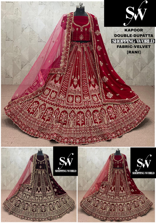 Rani pink Maroon Dark Maroon Double Dupatta Velvet Bridal Lehenga