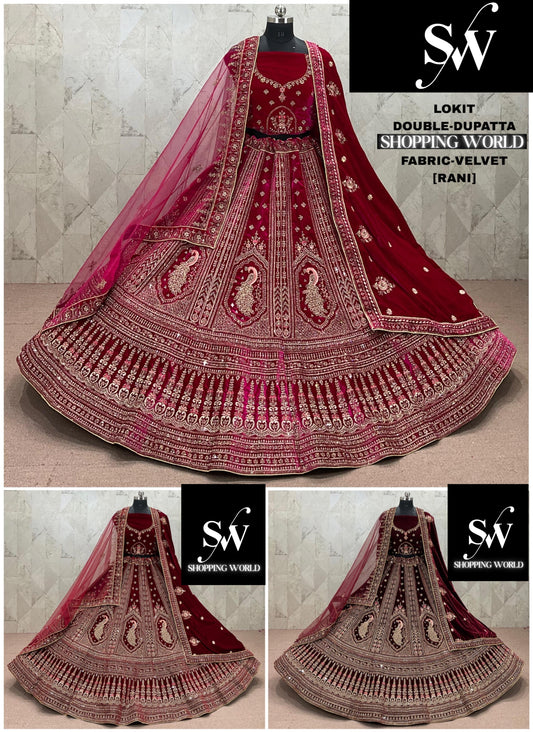 Rani pink Maroon Dark Maroon Double Dupatta Peacock Velvet Bridal Lehenga