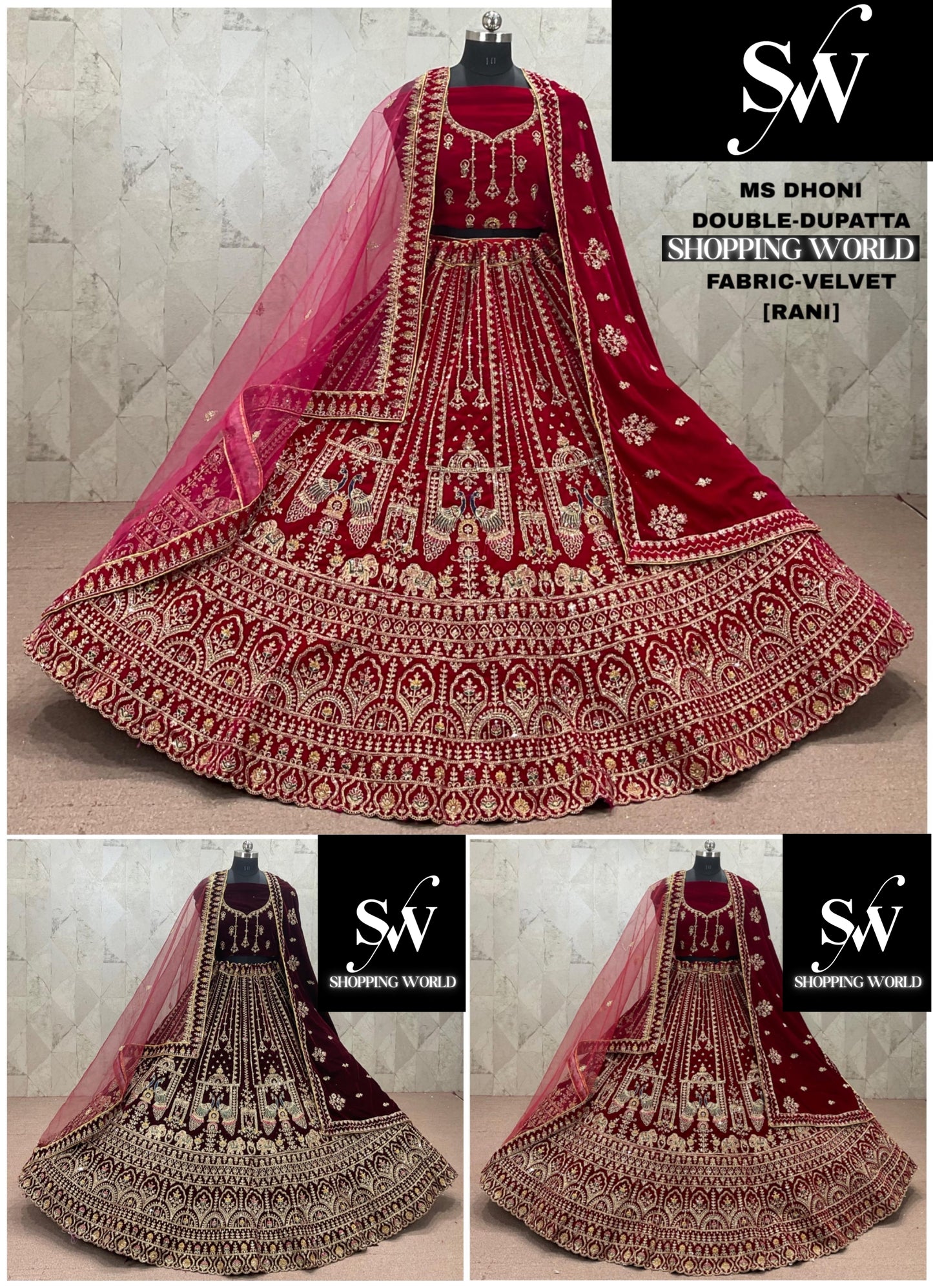 Rani pink Maroon Dark Maroon Double Dupatta Peacock Velvet Bridal Lehenga
