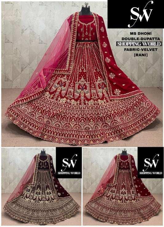 Rani pink Maroon Dark Maroon Double Dupatta Peacock Velvet Bridal Lehenga
