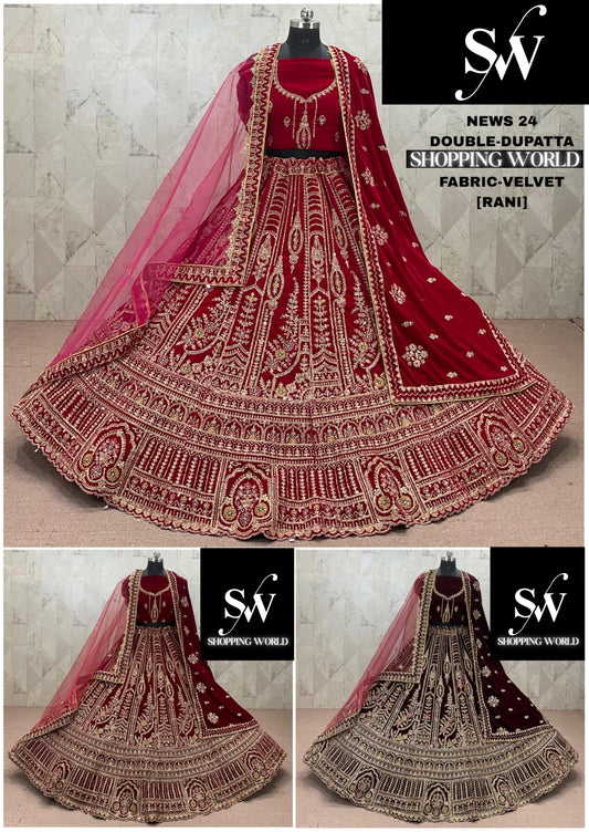 Rani pink Maroon Dark Maroon Double Dupatta Velvet Bridal Lehenga
