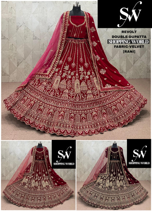 Rani pink Maroon Dark Maroon Double Dupatta Velvet Bridal Lehenga