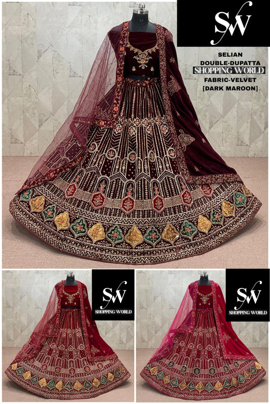 Rani pink Maroon Dark Maroon Double Dupatta Velvet Bridal Lehenga