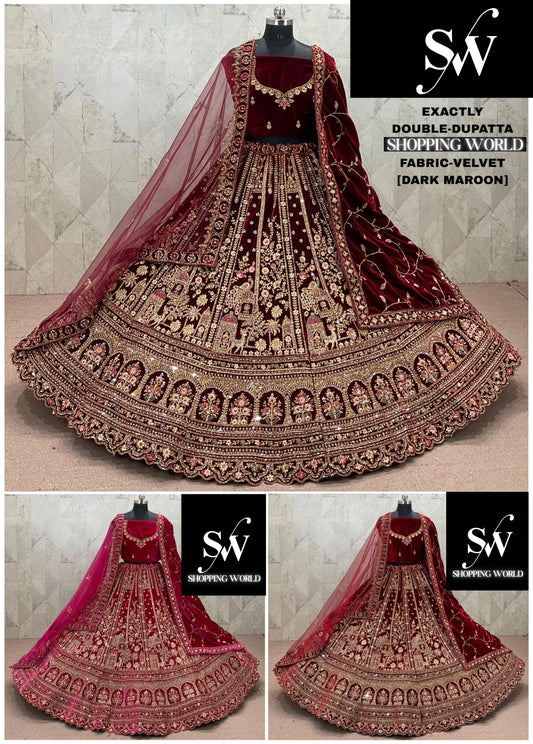 Rani pink Maroon Dark Maroon Double Dupatta Peacock Velvet Bridal Lehenga