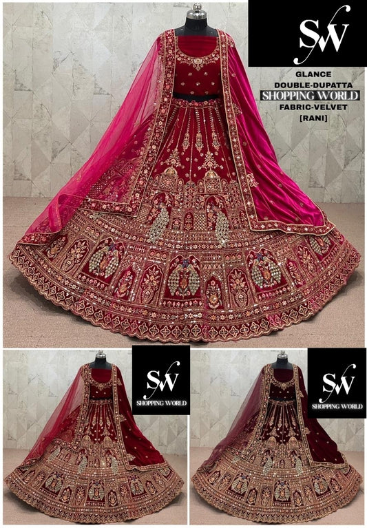 Rani pink Maroon Dark Maroon Double Dupatta Peacock Velvet Bridal Lehenga