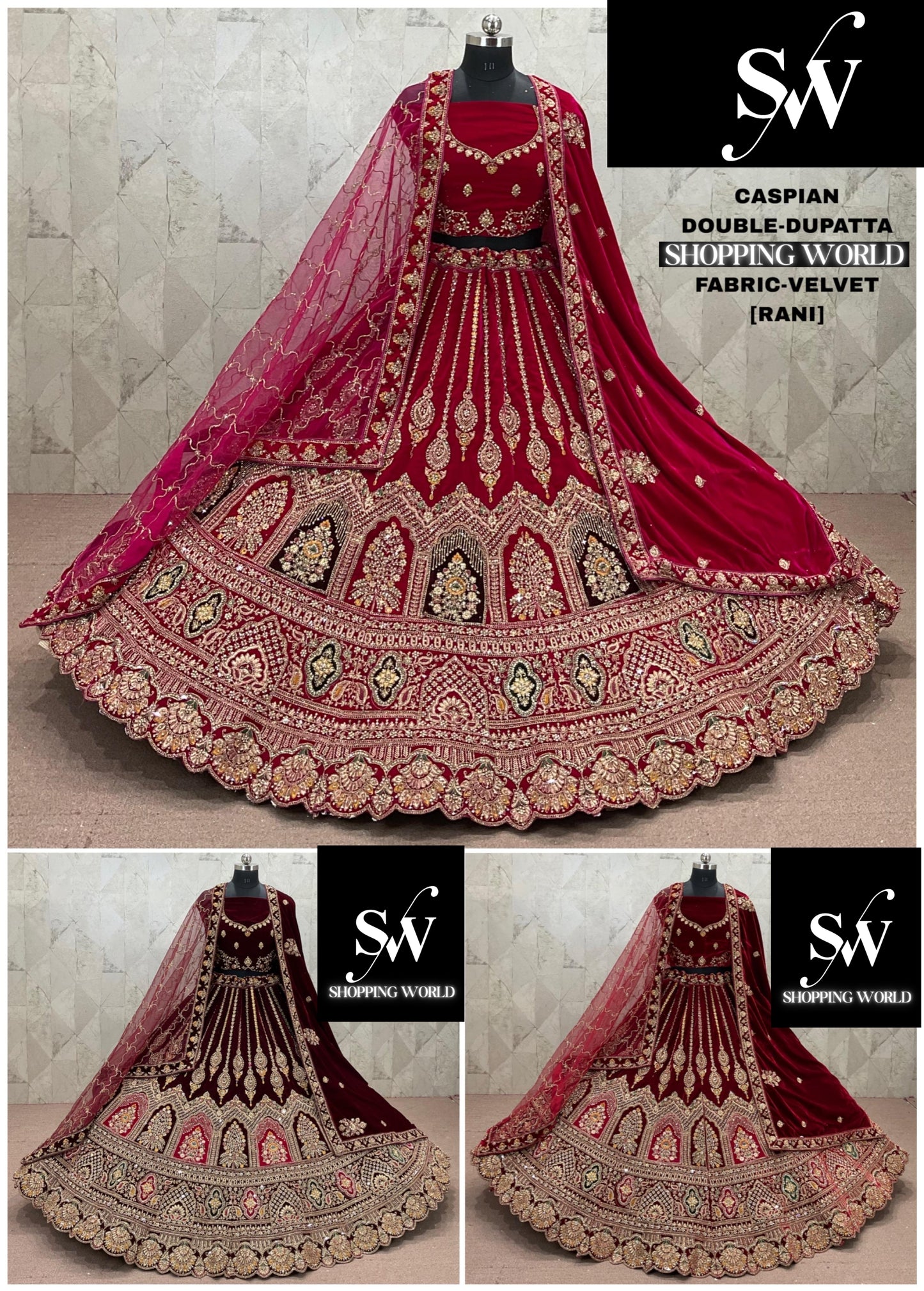 Rani pink Maroon Dark Maroon Double Dupatta Velvet Bridal Lehenga