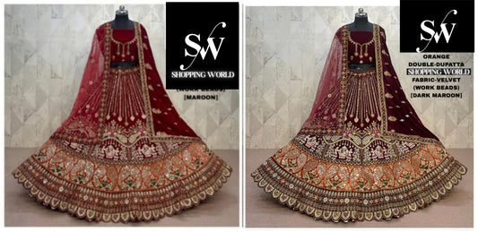 Maroon Dark Maroon Double Dupatta Doli Barat Velvet Bridal Lehenga