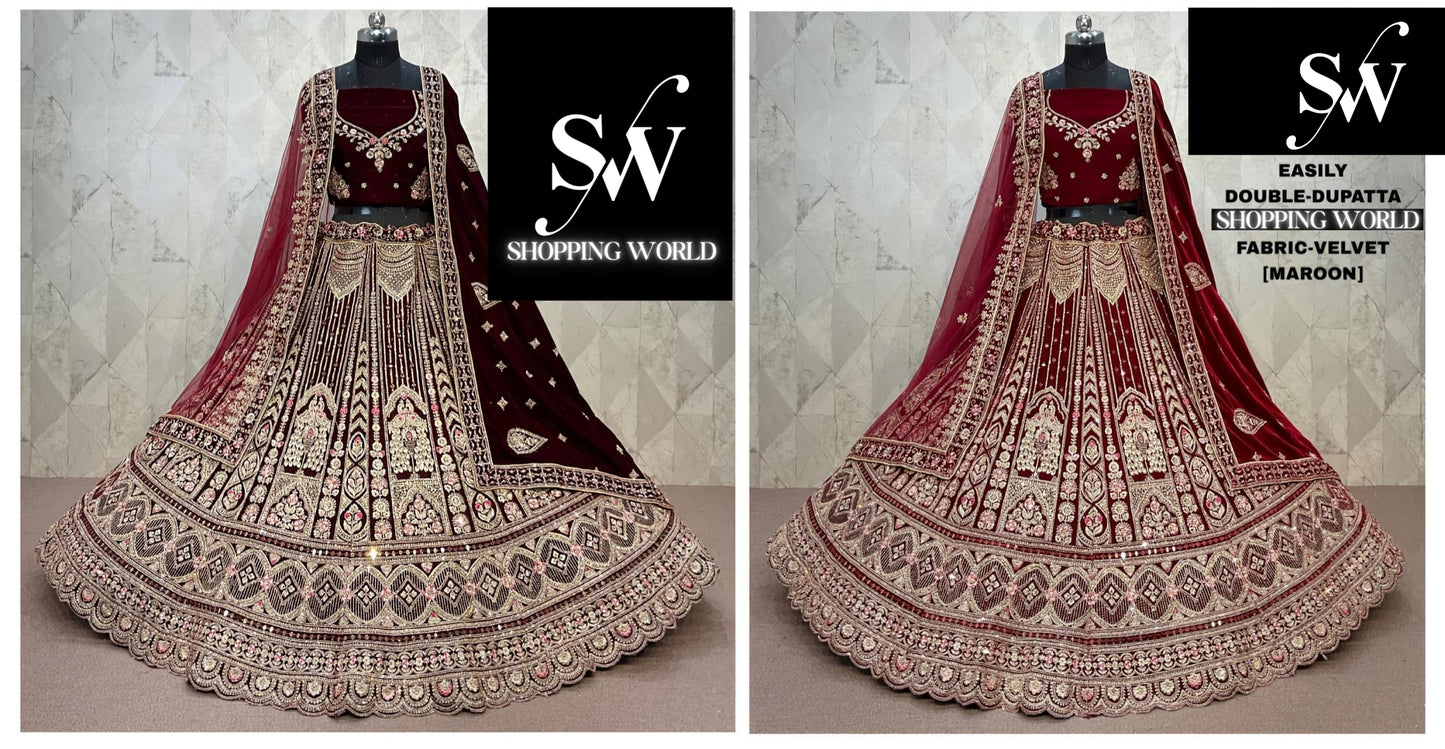 Maroon Dark Maroon Double Dupatta Doli Barat Velvet Bridal Lehenga