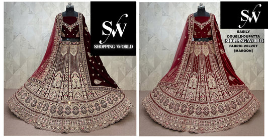 Maroon Dark Maroon Double Dupatta Doli Barat Velvet Bridal Lehenga