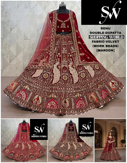 Maroon Dark Maroon Double Dupatta Doli Barat Velvet Bridal Lehenga