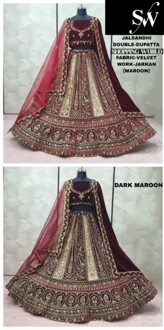 Maroon Dark Maroon Double Dupatta Bridal Lehenga