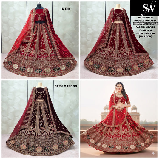 Dark Maroon maroon Red Double Dupatta Velvet Bridal Lehenga