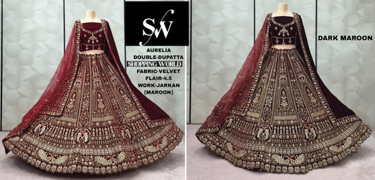 Dark Maroon maroon Double Dupatta Velvet Bridal Lehenga