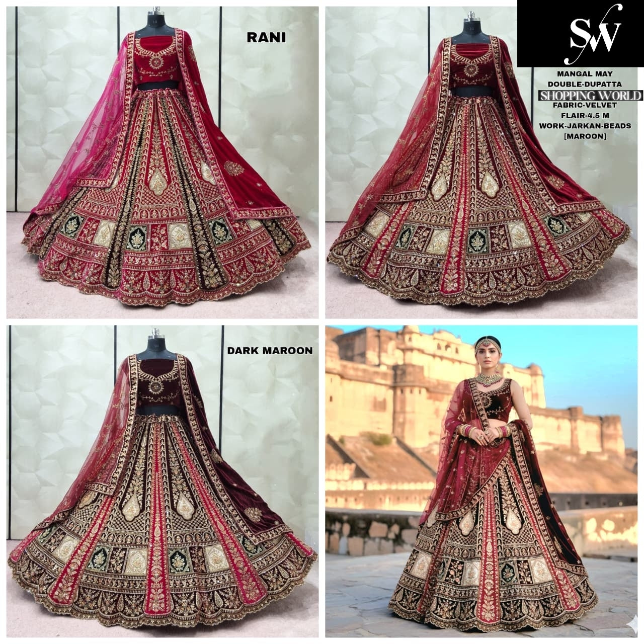 Dark Maroon maroon Rani Pink Double Dupatta Velvet Bridal Lehenga