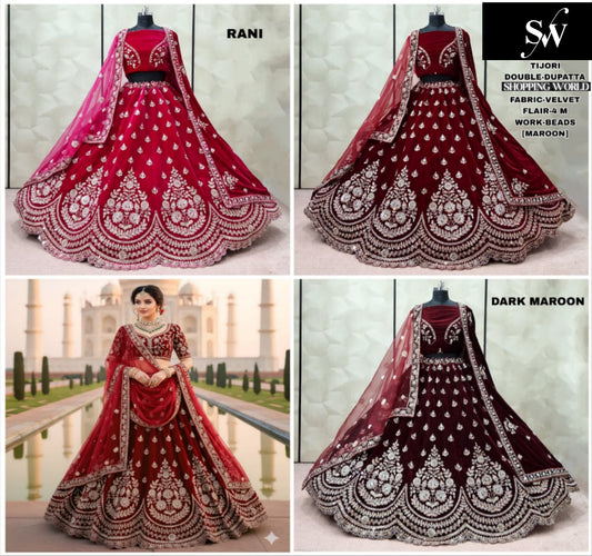 Dark Maroon maroon Rani Pink Double Dupatta Velvet Bridal Lehenga