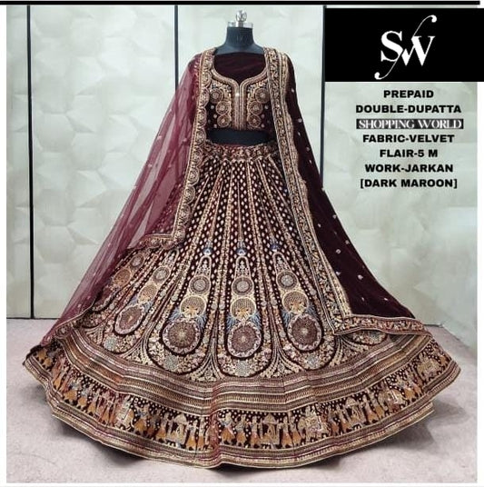 Dark Maroon Double Dupatta Velvet Bridal Lehenga