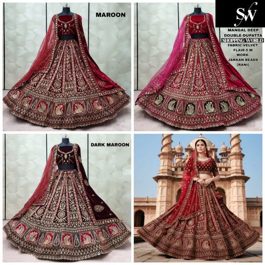 Dark Maroon maroon Rani pink Peacock Double Dupatta Velvet Bridal Lehenga