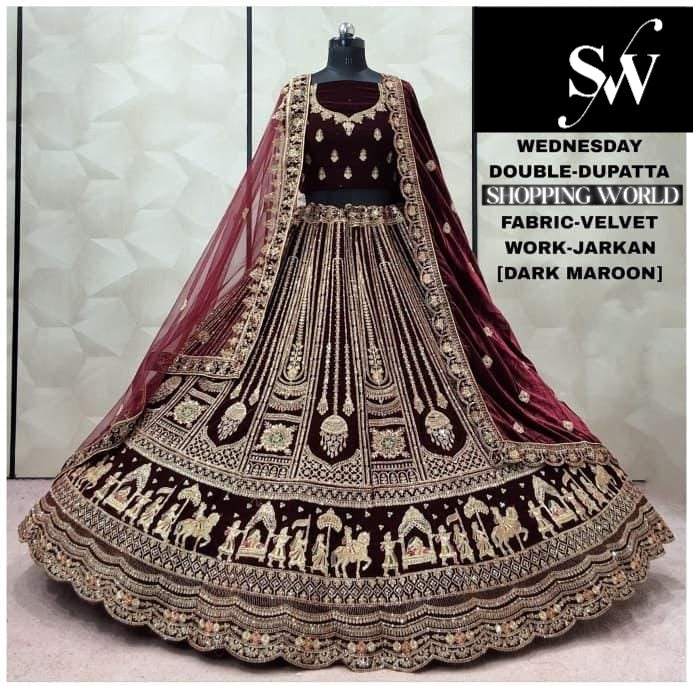 Dark Maroon Doli Barat Double Dupatta Velvet Bridal Lehenga