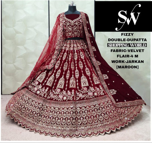 Maroon Double Dupatta Velvet Bridal Lehenga