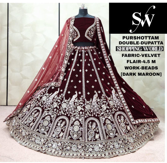 Dark Maroon Double Dupatta Peacock Velvet Bridal Lehenga