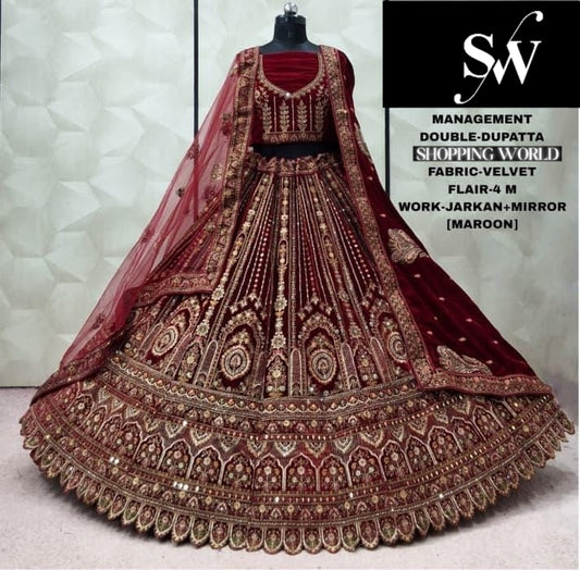 Maroon Double Dupatta Velvet Bridal Lehenga