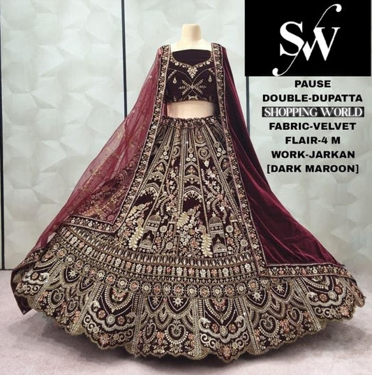 Dark Maroon Peacock Double Dupatta Velvet Bridal Lehenga