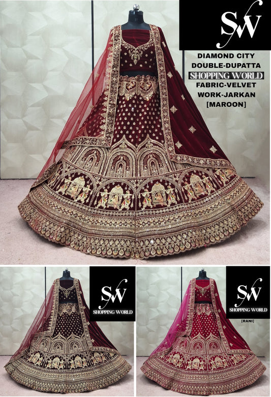 Maroon Dark Maroon Rani pink Double Dupatta Velvet Bridal Lehenga