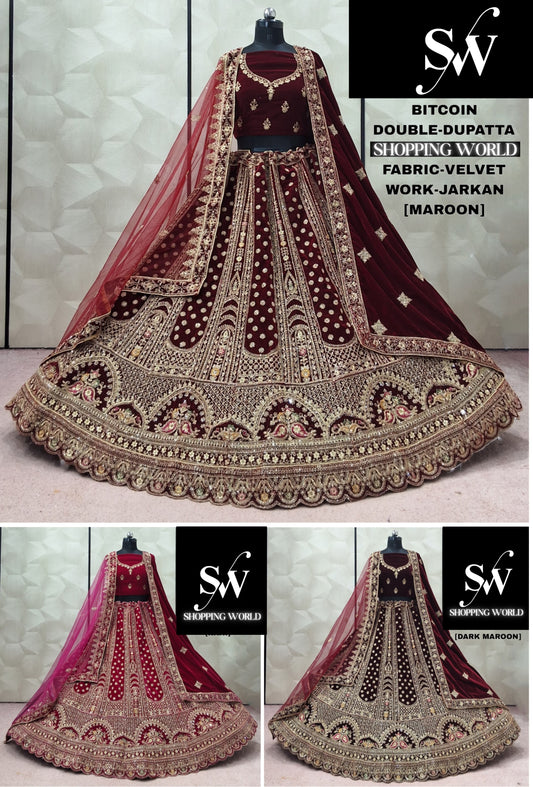 Maroon Dark Maroon Rani pink Double Dupatta Velvet Bridal Lehenga