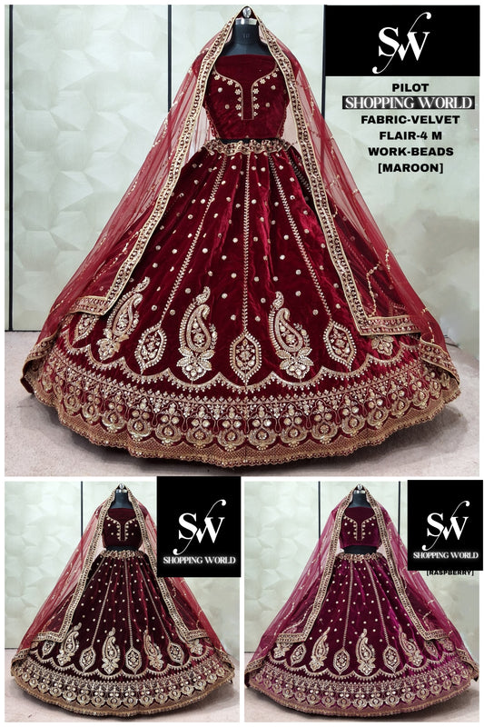 Maroon Dark Maroon Rani pink Double Dupatta Velvet Bridal Lehenga