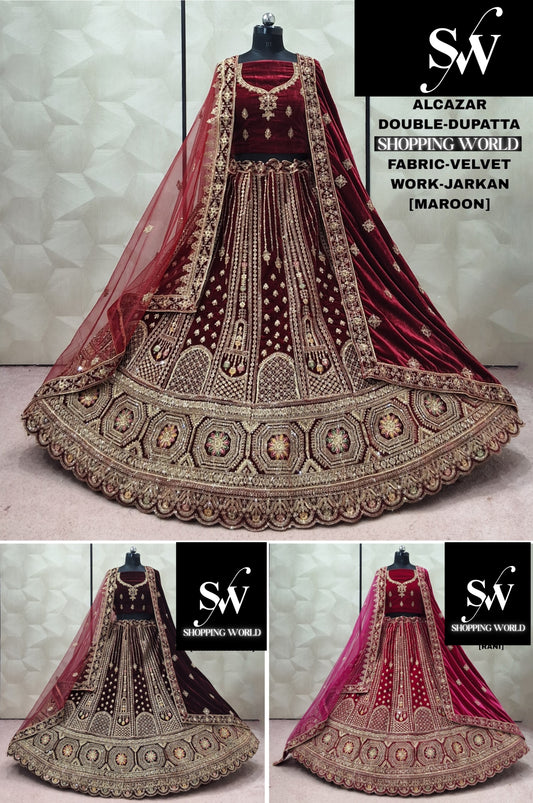 Maroon Dark Maroon Rani pink Double Dupatta Velvet Bridal Lehenga