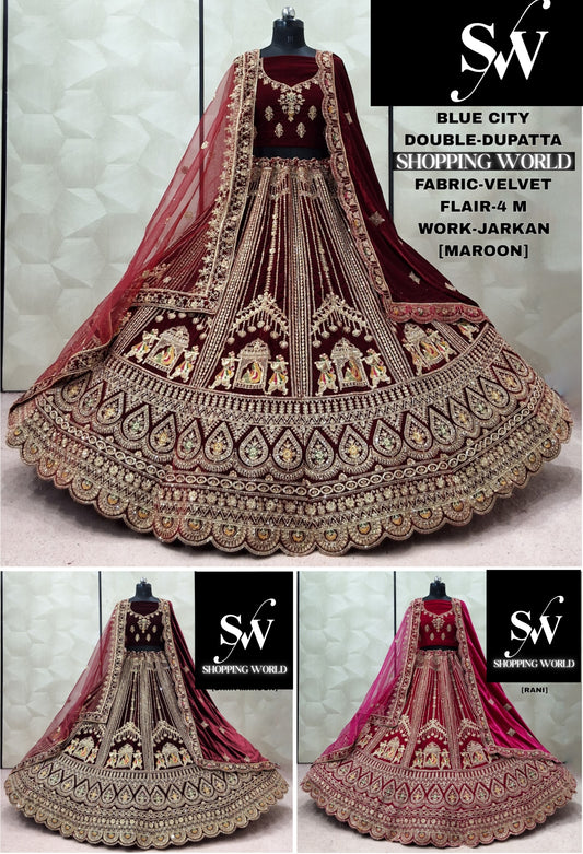 Maroon Dark Maroon Rani pink Doli Barat Double Dupatta Velvet Bridal Lehenga