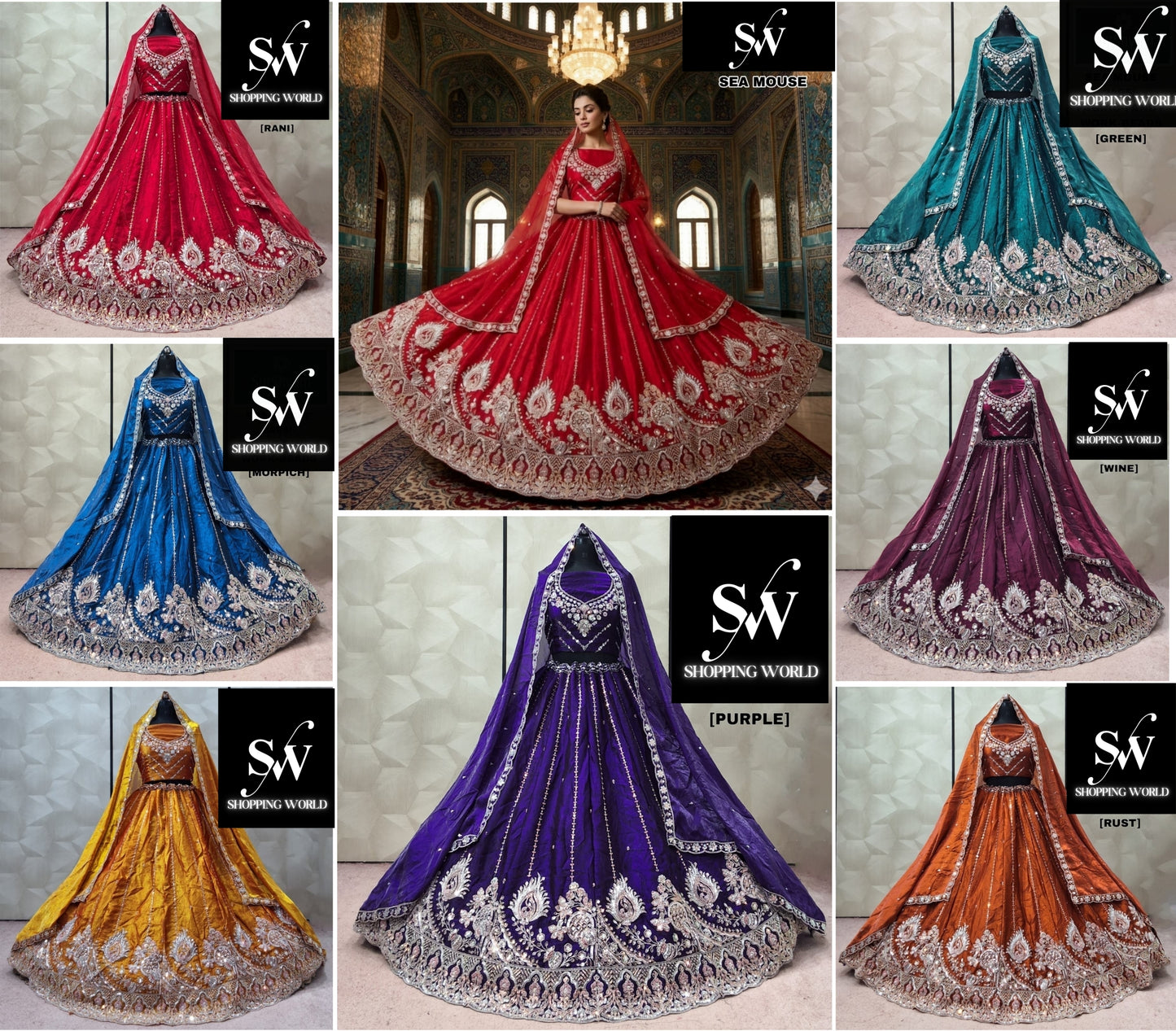 Rani pink Morpich Blue Mustard Green purple Wine Rust Orange Lehenga