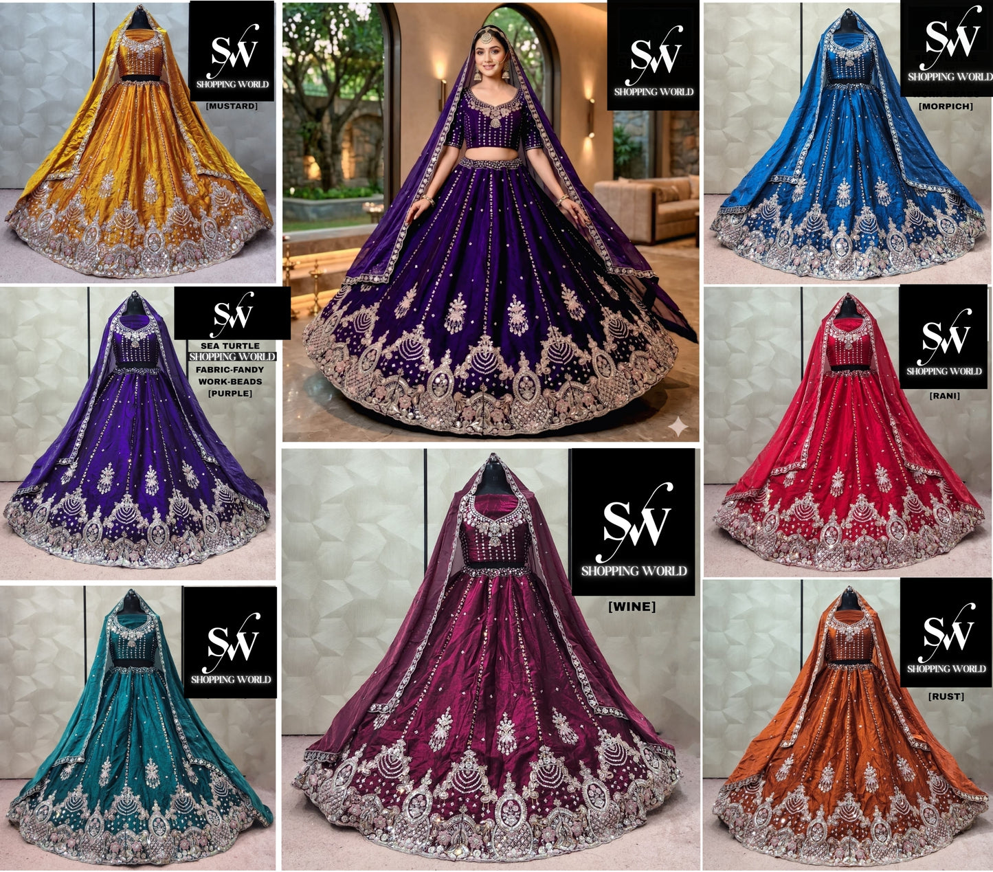 Mustard purple Green Wine Morpich Blue Rani pink Rust orange Lehenga