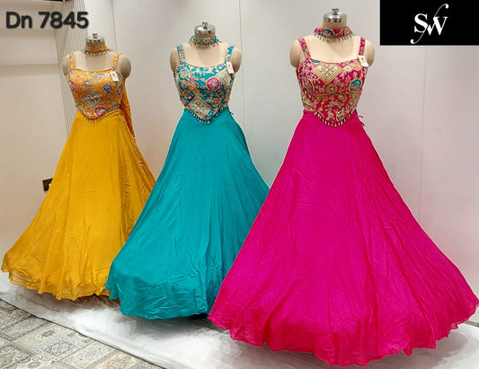 Yellow Blue Hot pink Crop Top Lehenga
