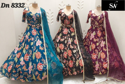 Blue Black Maroon Crop Top Lehenga