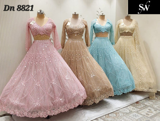 Baby Pink Blue Chiku golden White Crop Top Lehenga