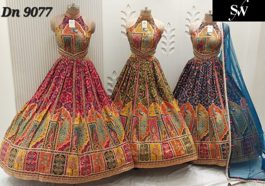 Beautiful Rani pink Green Blue drape Crop Top Lehenga