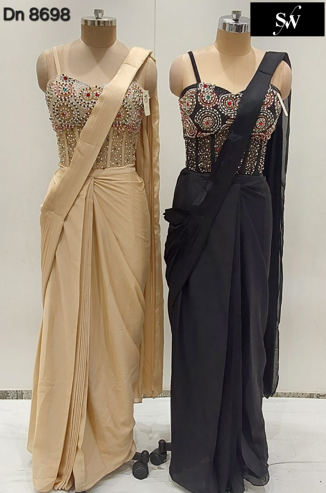 Beautiful Black Chiku Golden drape saree dress - Shopping World